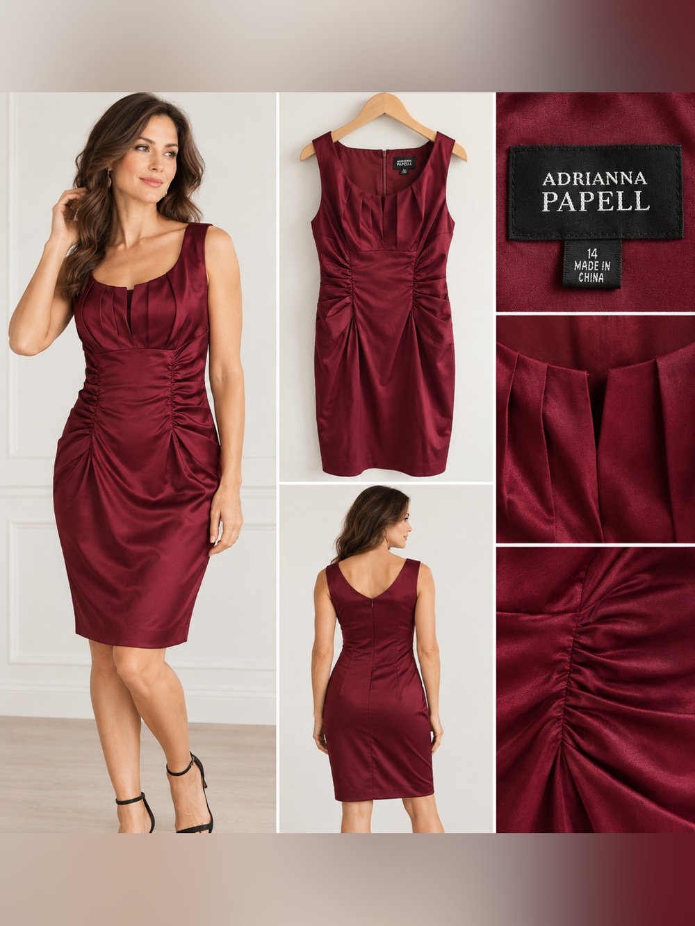 Adrianna Papell Burgundy Satin Ruched Cocktail Dress Size 14